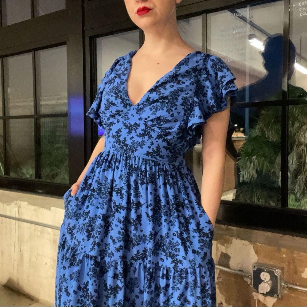 English Factory Blue & Navy Floral Maxi Dress – Open Back, Pockets, Ruffle